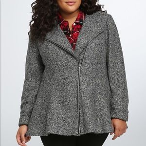 Torrid tweed asymmetric zip front ruffle coat